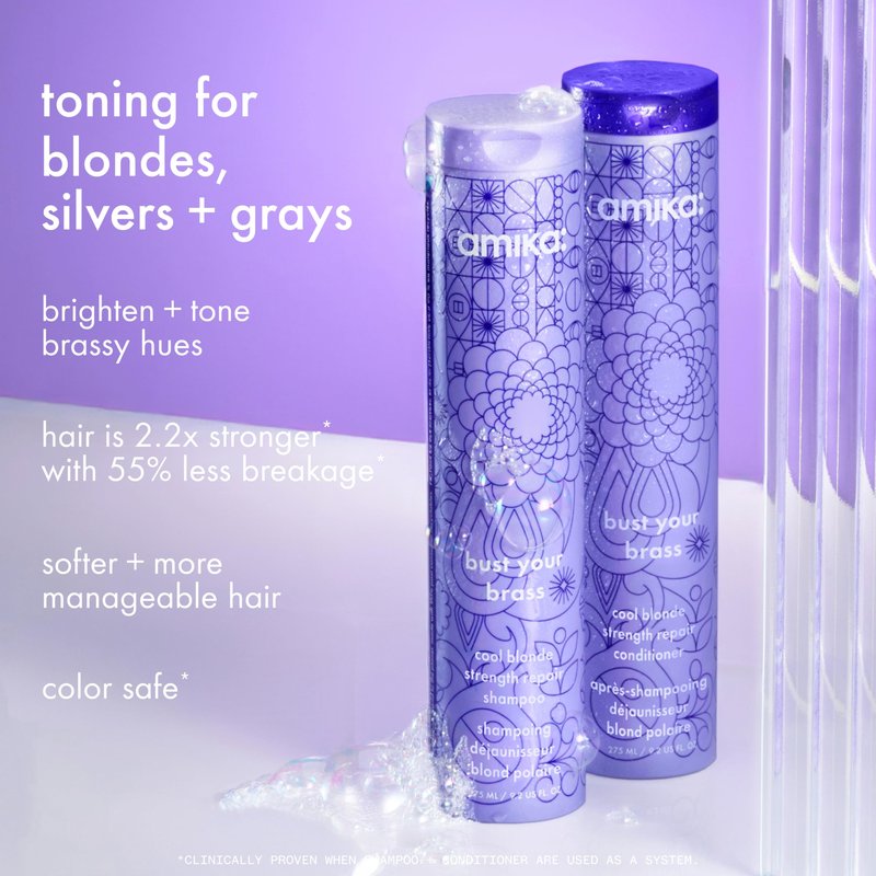 Amika bust your brass cool blonde strength repair shampoo + conditioner, 275ml