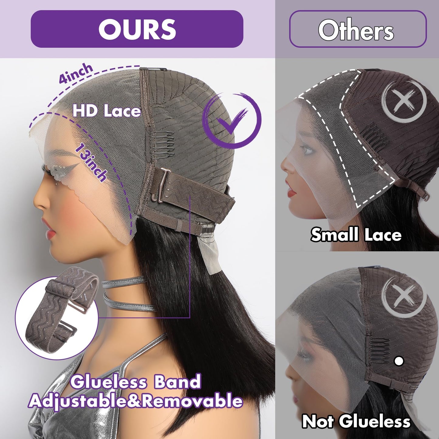 Bob Wig Human Hair 13x4 Straight Lace Front Wigs Glueless Pre Plucked with Baby Hair 100% Brazilian Remy Hair Transparent Lace Frontal Wigs for Black Women - 180% Density Natural Color 8 Inch