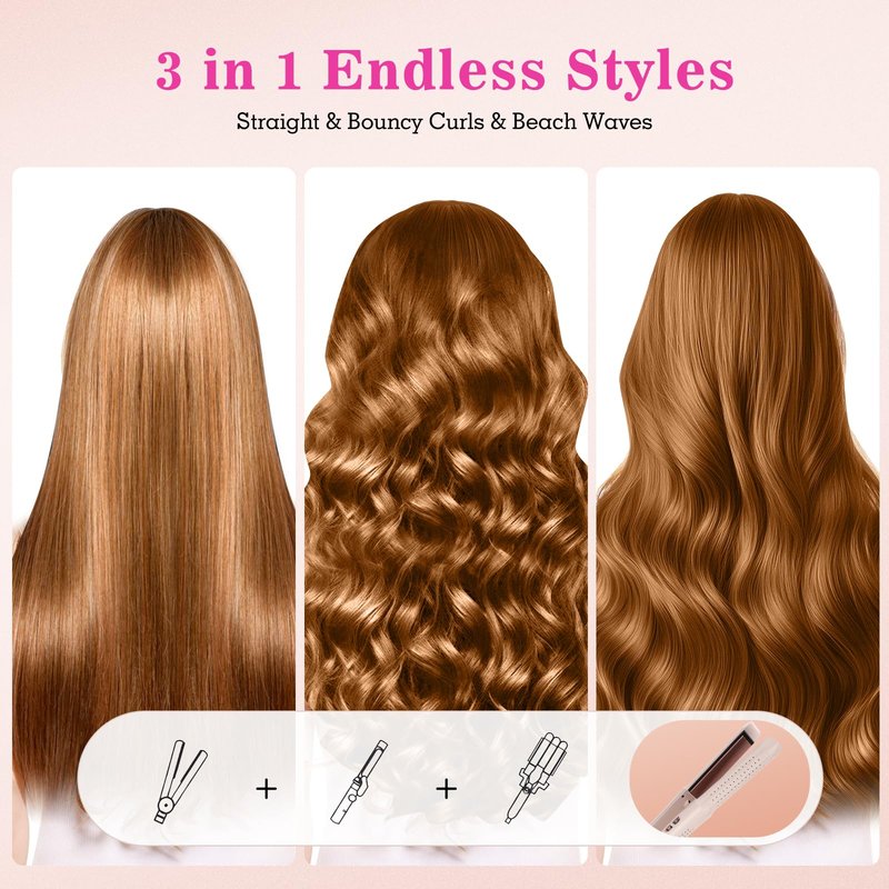 Hair Straightener and Curler, 2-in-1 Flat Iron & Airflow Curling Iron, Cool Air Hair Styling Tool, Ceramic Hair Straightener for Women, Dual Voltage, Blush Pink