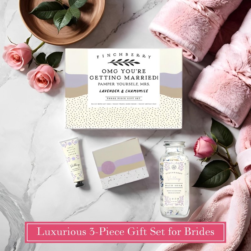 FinchBerry OMG You're Getting Married Gift Set – 3-Piece Wedding Gift for Couples, Mr. & Mrs., Bridal Shower, Bride-to-Be – with Luxurious Soap Bar, Hand Cream & Bath Soak – Ideal Wedding Surprise!