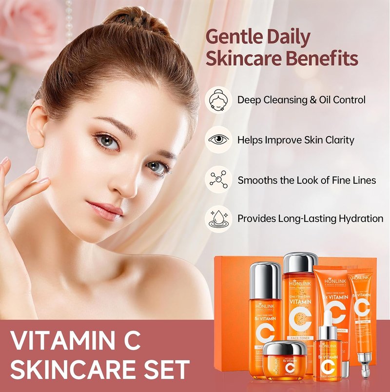 Hydrating Vitamin C Skincare Set - 6-Piece Daily Face Care Routine with Niacinamide, Cleanser, Toner, Serum, Moisturizer, Eye Cream & Body Lotion