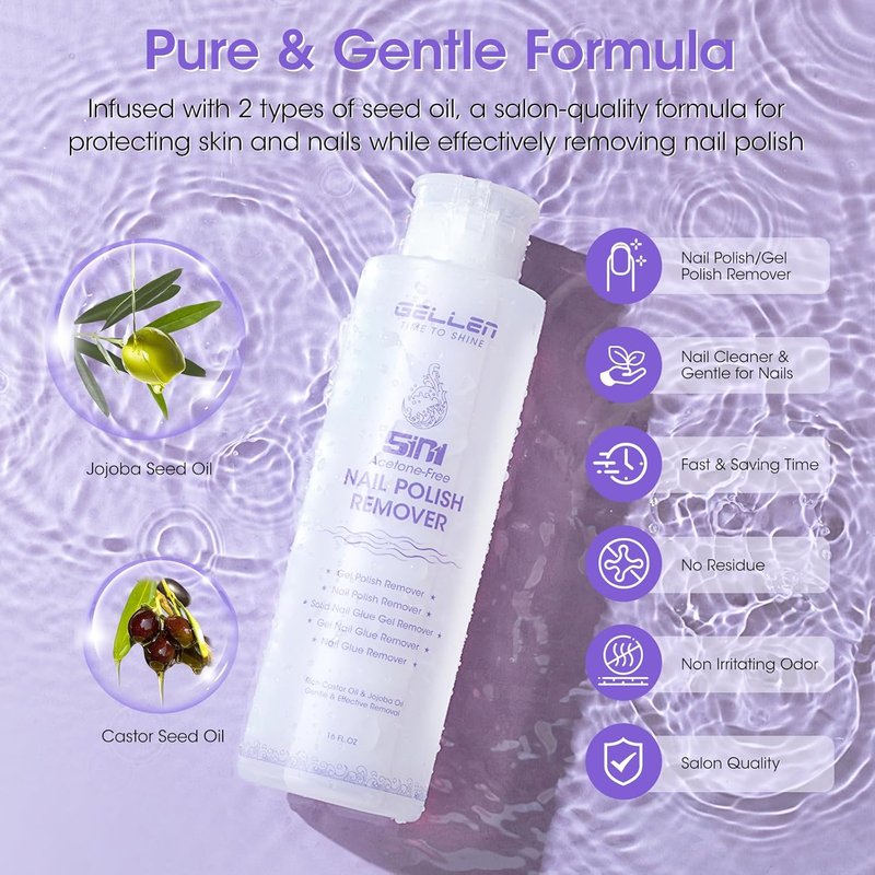 Gellen Non Acetone Nail Polish Remover - Jojoba & Castor Oil Enriched | 16 Fl Oz Soak Off Gel Polish Remover for Home Use