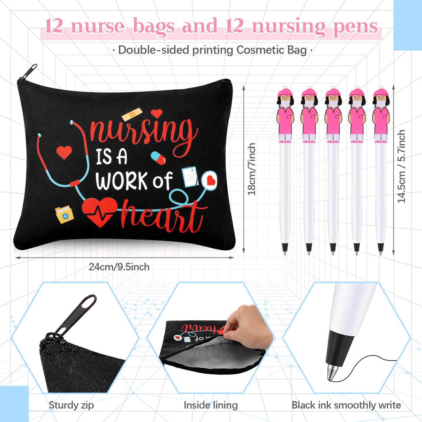 LEIFIDE 24 Pcs Nurse Week Gifts Bulk 2026 Rn Nurses Appreciation Gift for Women Include 12 Canvas Makeup Cosmetic Bag with Zipper and 12 Ballpoint Pen Accessories for Graduation(Adorable Style)