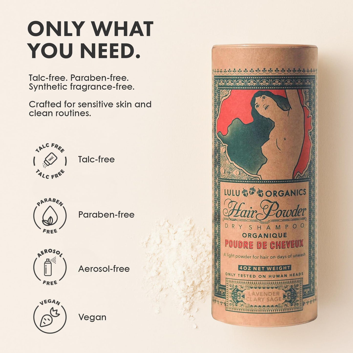 Lulu Organics Dry Shampoo Powder - Non-aerosol, Natural Dry Shampoo for Blonde or Oily Hair, Organic Body Powder, Paraben & Talc free No White Cast Synthetic Fragrance, Lavender and Clary Sage - 4oz