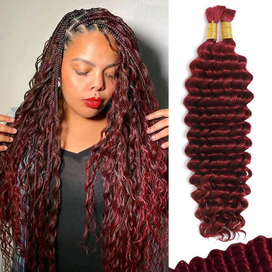 Human Braiding Hair for Boho Braids 16 Inch 110g 2 Bundles/Pack Deep Wave 12A Curly Brazilian Virgin Hair Extensions No Weft Knotless Bulk 1B Black (Deep Wave - 99j, 16 Inch - 110g)