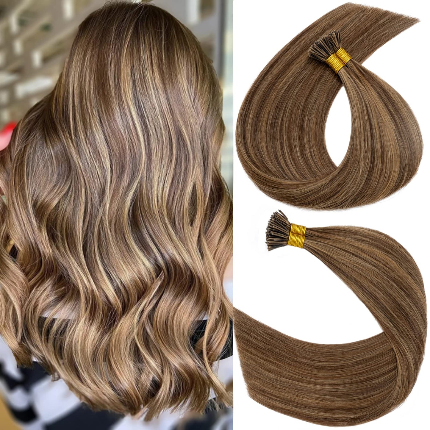 S-noilite Pre bonded I Tip Human Hair Extension for Women 100Strands 50Gram Fusion Stick Tip Remy Human Hair Piece Invisible Keratin Glue K Tip 16Inch #4P27 Medium Brown highlight Dark Blonde