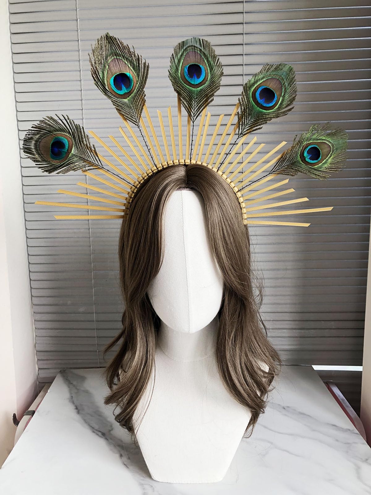 TCOMVEZ Peacock Feather Gold Halo Crown Sun Headband with Earrings Halloween Cosplay Festival Bridal Wedding Maternity Photoshoot Goddess Headpiece