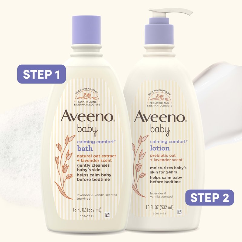 Aveeno Baby Nighttime Calming Comfort Bath, Baby Body Wash for Skin & Hair with Natural Oat Extract, Soothing Lavender & Vanilla Scent, Tear-Free Formula, No Added Parabens & Phthalates, 18 Fl Oz
