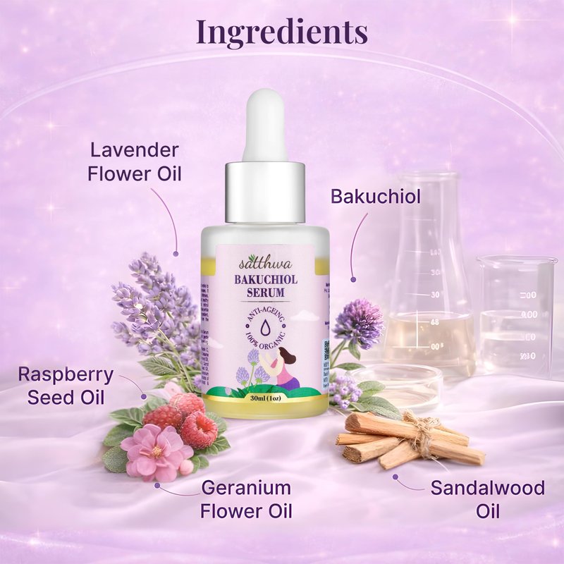 Satthwa Organic Bakuchiol Face Serum - Plumping, Anti-Aging and Reduces Wrinkles Fine Lines - Serum with Vitamin C, Ashwagandha Root Extract - Vegan & Cruelty Free- 1 FL OZ