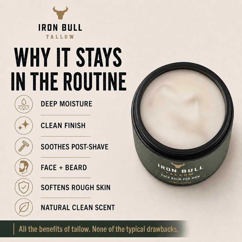 Iron Bull Beef Tallow Face Moisturizer for Men - Anti-Aging Hydration with Hyaluronic Acid | 2oz Natural Skin Balm