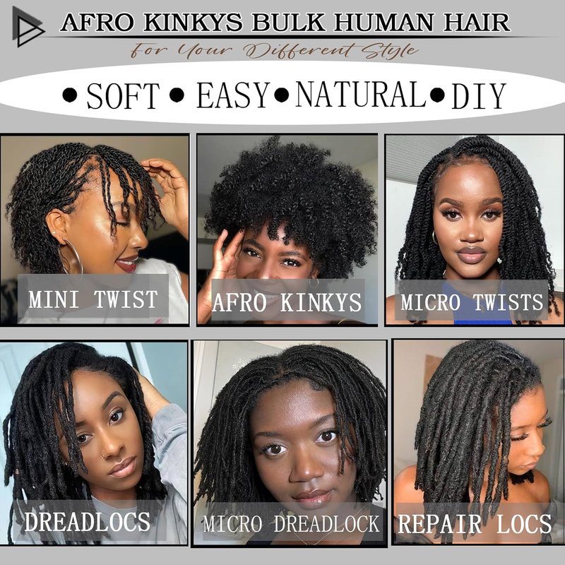 Afro Kinky Curly Human Hair Bulk - 50g 16 Inch Natural Black for Mini Twist, Braiding & Dreadlocks