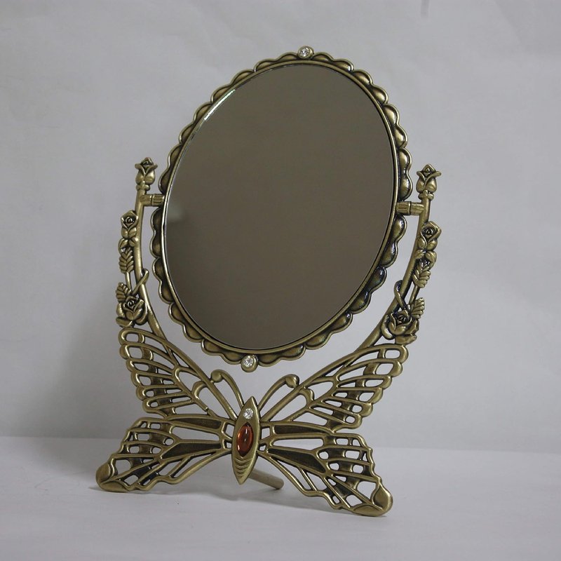 Vintage Antique Butterfly Patterned Makeup Table Mirror - Double-Sided Rotatable Oval Design | Large Brass Finish
