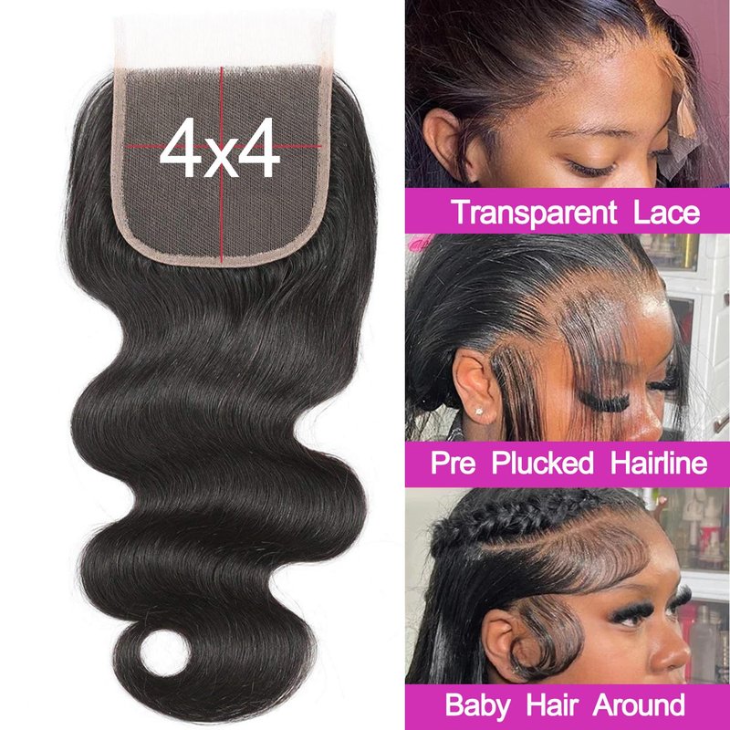 4x4 Transparent HD Lace Closure Body Wave Virgin Human Hair Invisible Lace Closure More Less Shedding than Regular Virgin Hair Frontal Closure Pre-plucked with Baby Hair Natural Black 18 Inch