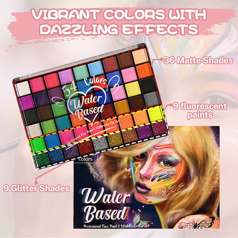 KNLDEFV 54 Color Kids Face Painting Kit, Non Toxic Water Activated Face Paint Palette with Stencils, Brush, Sparkle Gems. Perfect for Birthday Parties, Carnival, Costume Makeup