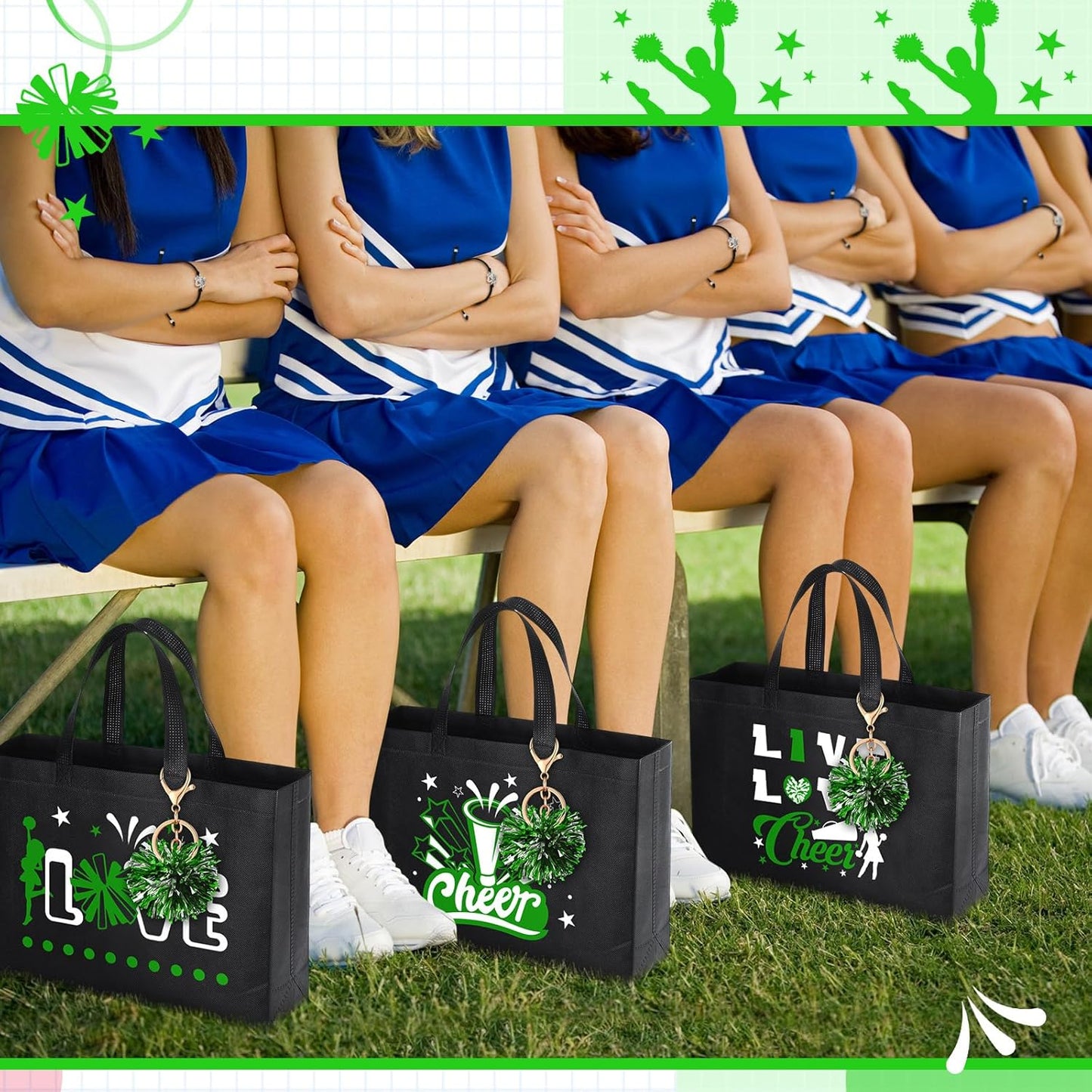 Cheerleading Gifts Set - 72 Pcs Green Cheer Bags, Pom Pom Keychains & Bracelets | Perfect for Female Teammates