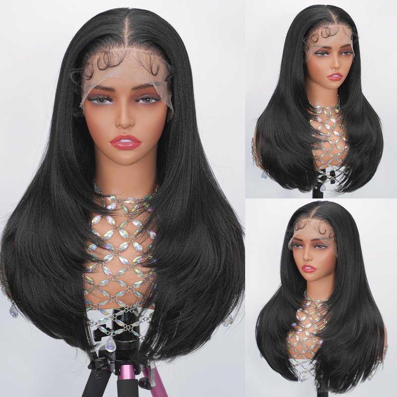 Looxey Lace Front Wigs for Black Women 13X6 Long Layered Straight Wig with Baby Hair Synthetic Hair Soft As Human Hair 24 Inch 1B Black Pre Plucked Bleached Knots Glueless Wig (Black)