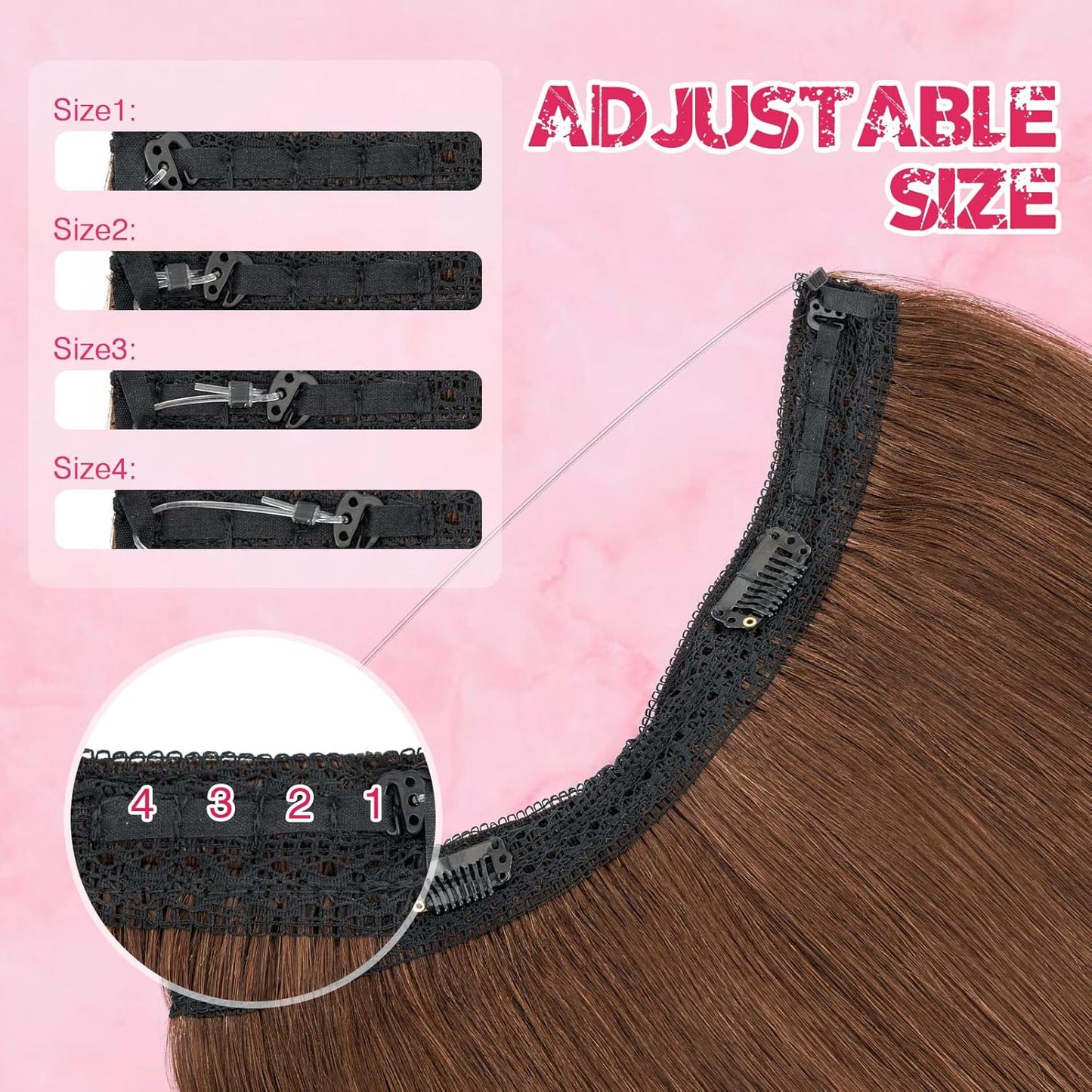 Halo Hair Extensions - Real Human Hair 16" Medium Brown - Adjustable Invisible Wire for Women