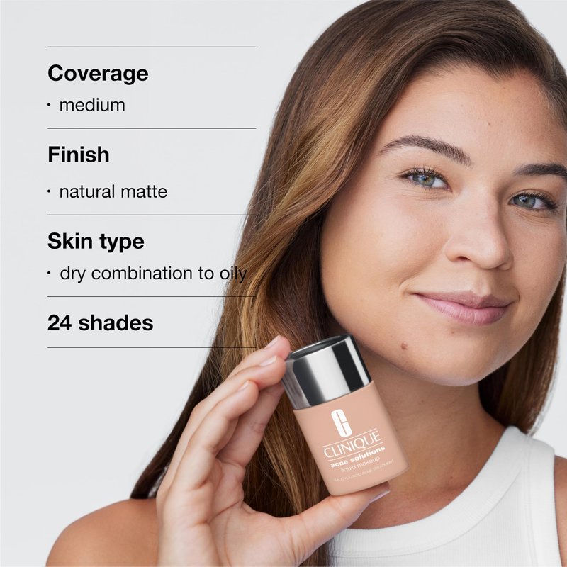 Clinique Acne Solutions Liquid Foundation Makeup With Salicylic Acid For Dry Combination to Oily Skin Types | Medium Coverage, Natural Matte Finish, Ginger, 1.0 Fl Oz