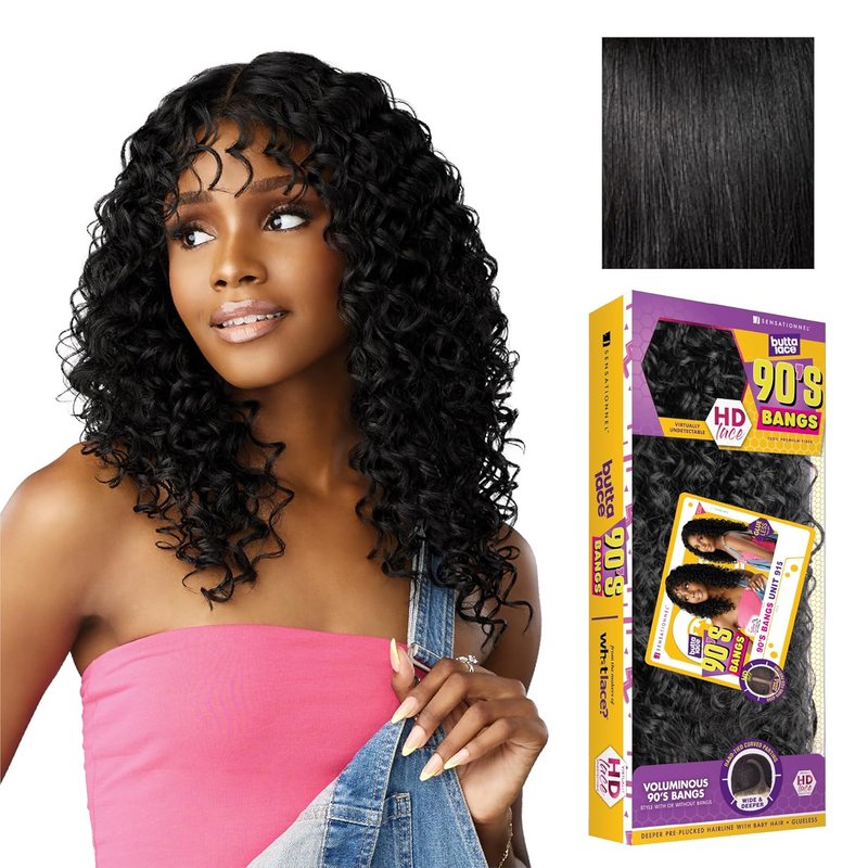 Sensationnel Butta Lace 90S Bangs Wig - Glueless Synthetic Hair with Pre-Plucked Hairline | Jet Black Color