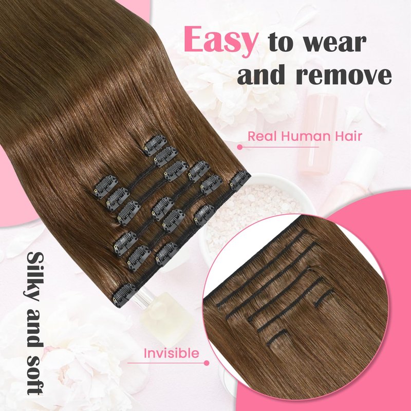 Aison Light Brown Hair Extensions Clip in Real Human Hair 75G 100% Remy Human Hair Clip in Extensions for Women 7pcs 16clips18 Inch