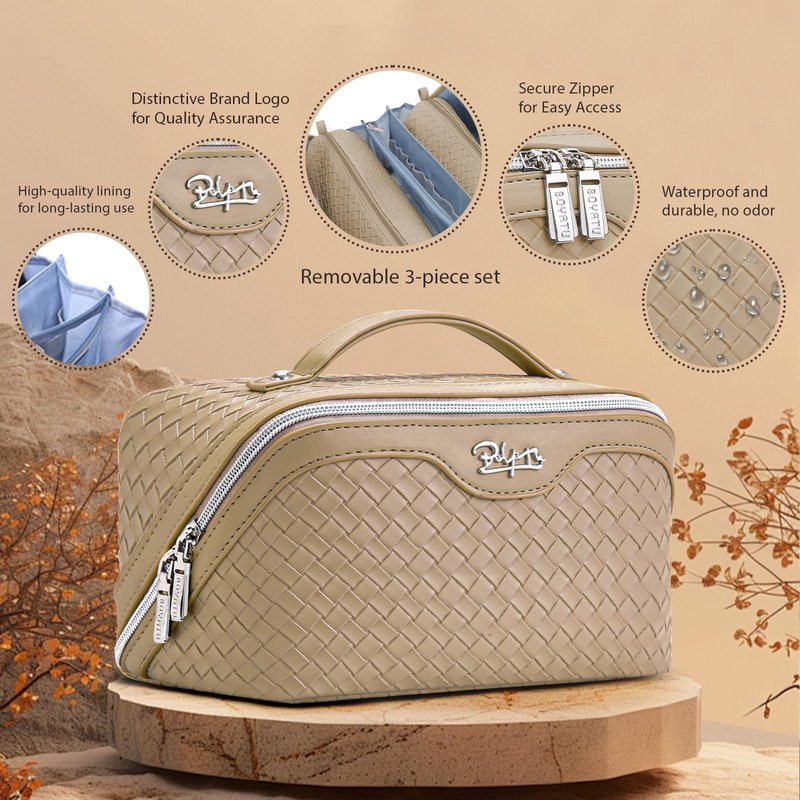 BOYATU Travel Makeup Bag Cosmetic Bags for Women: Large Capacity 3 Pcs Set Make up Bag with Compartments - Waterproof Vegan Leather Toiletry Organizer Bags with Handle (L12 Apricot)