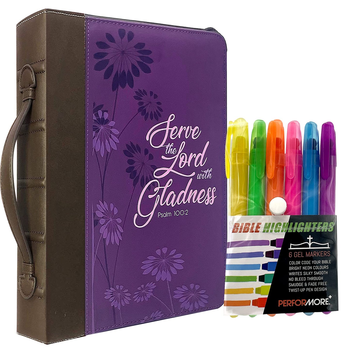 Performore Purple Stylish Fashionable Bible Bags for Women that says "Serve The Lord with Gladness" - Psalm 100:2, w/ 6 Assorted Gel Highlighter Pens in Snap PVC Wallet
