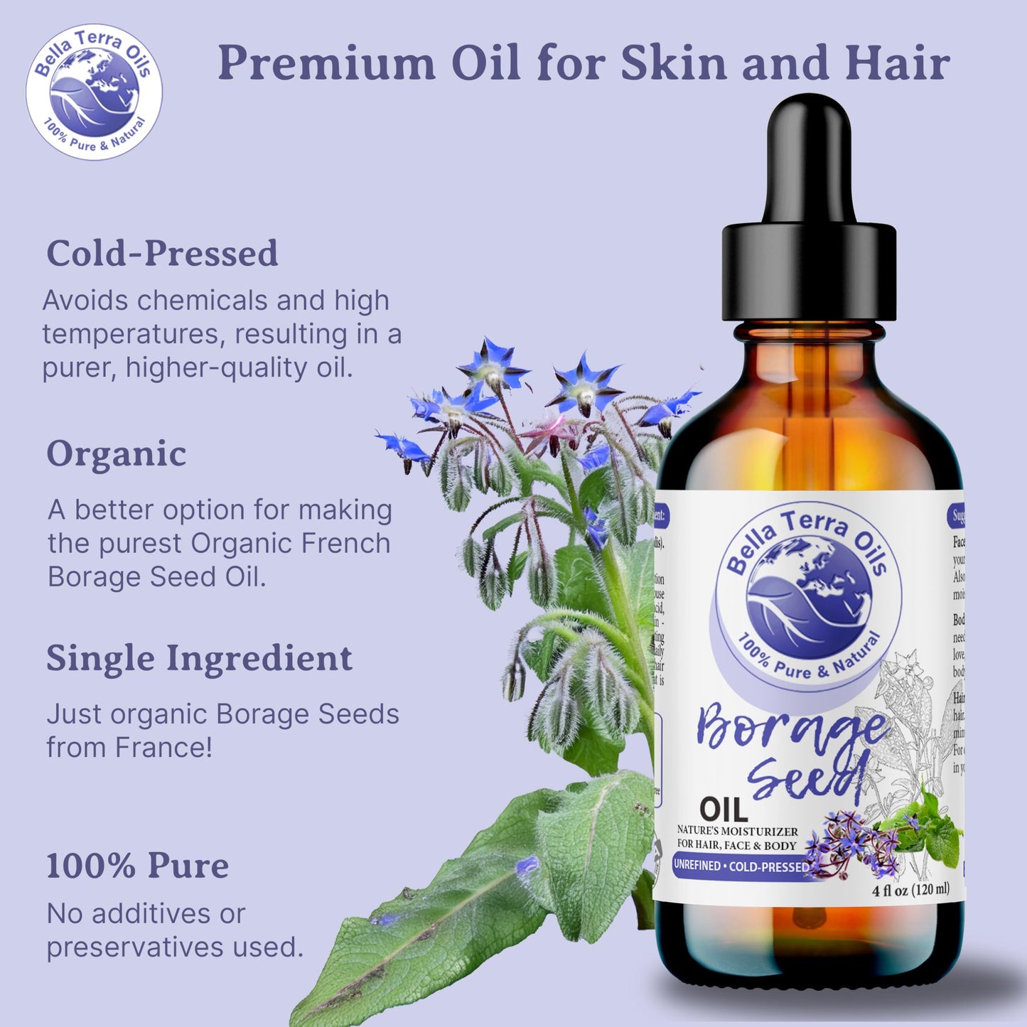 Bella Terra Oils - Natural Borage Seed Oil 8 oz - Cold-Pressed from Natural Borage Seeds, Overflowing with Vitamin E & Omega Fatty Acids, An Elixir of Youth & Beauty