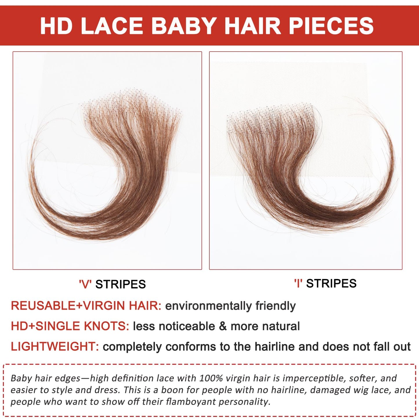XRDDFL Fake Edges Real Human Hair Pieces HD Lace Front Wig - Chocolate Brown, 4 Pcs, Reusable Invisible Lace Hairline, 4# Colored Baby Hair Stripes