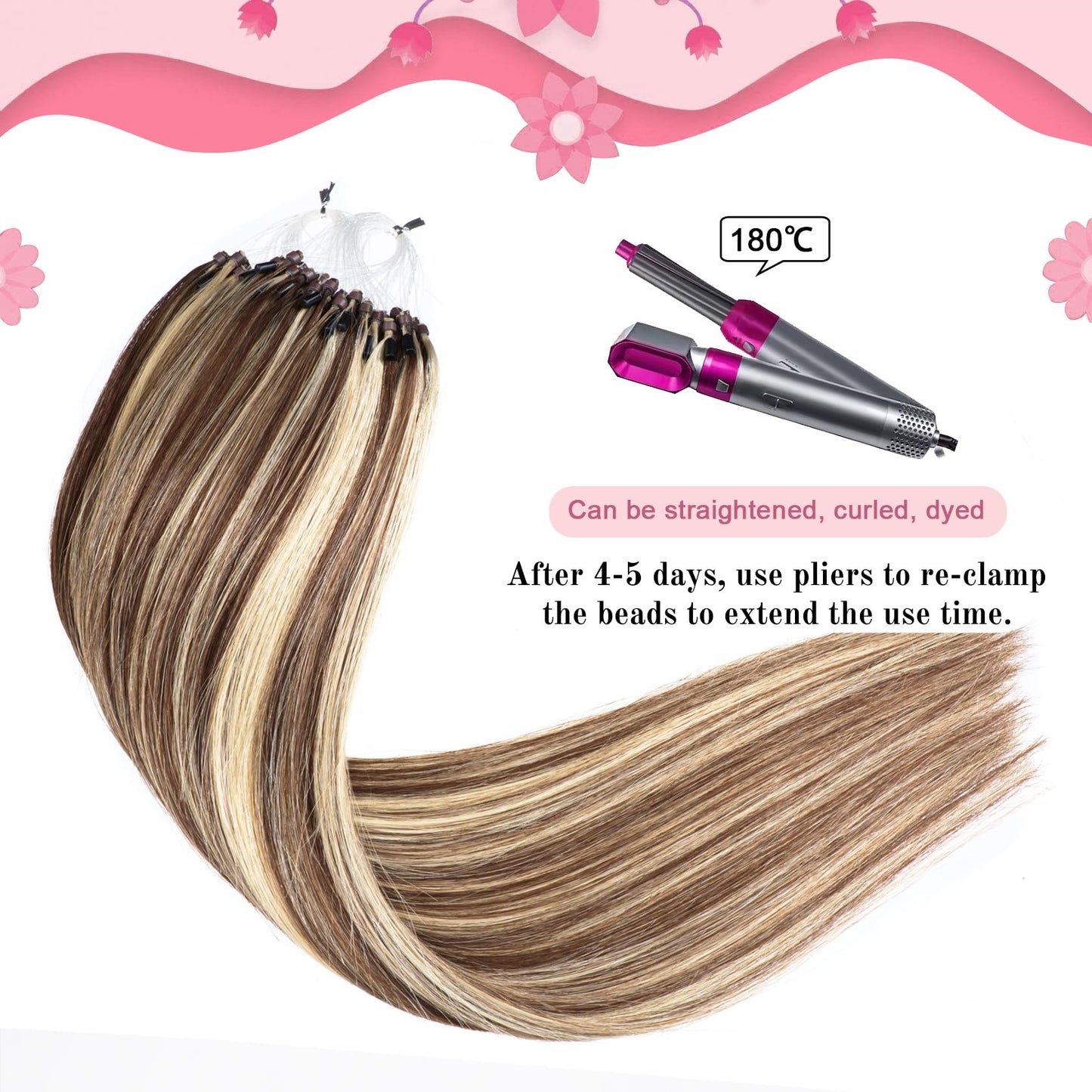 Kpvxxve Micro Ring Hair Extensions Human Hair 16inch Micro Loop Brown Mix Blonde Micro Bead Human Hair Extensions #4/613 Natural Straight Hair Extension 50g 1g/s