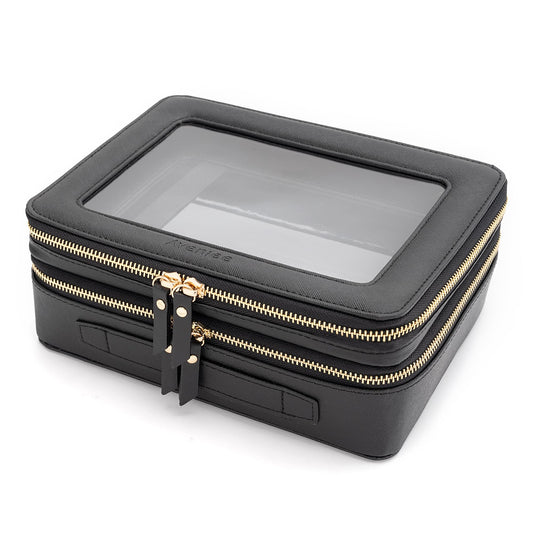 Aveniee XL Clear Makeup Organizer,Double Layer Travel Cosmetic Case with Brush Holder & Zippered Compartments,Big Toiletry Bag for Travel Accessories,2 Layers Large,Black