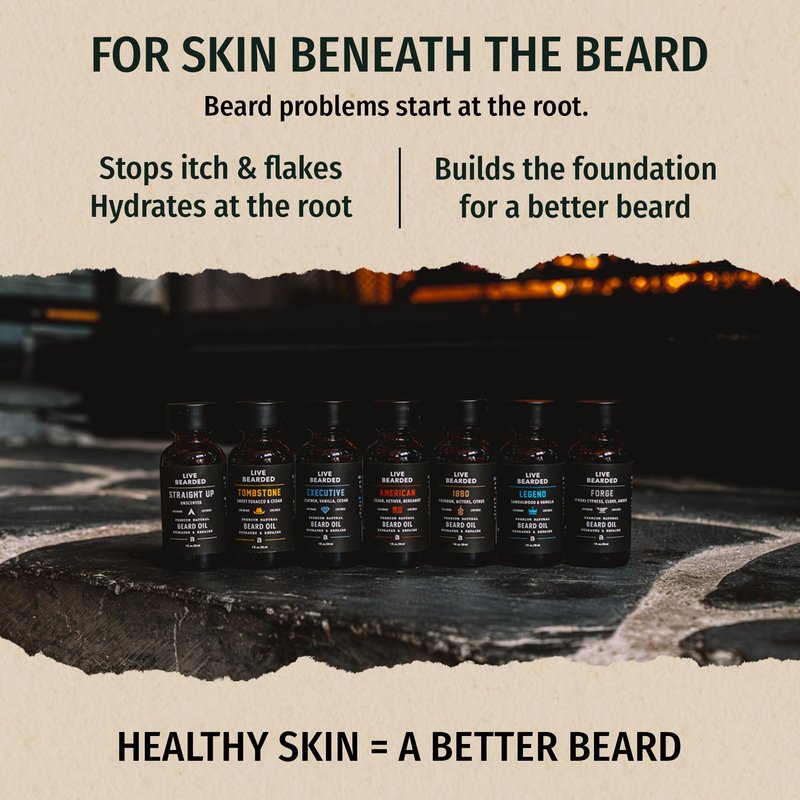Live Bearded Beard Oil, 1 fl oz - Premium All-Natural Jojoba - Made in the USA - Hair and Skin Care for Men with Dry, Flaky Patches | Legend Scent - Sandalwood, Vanilla