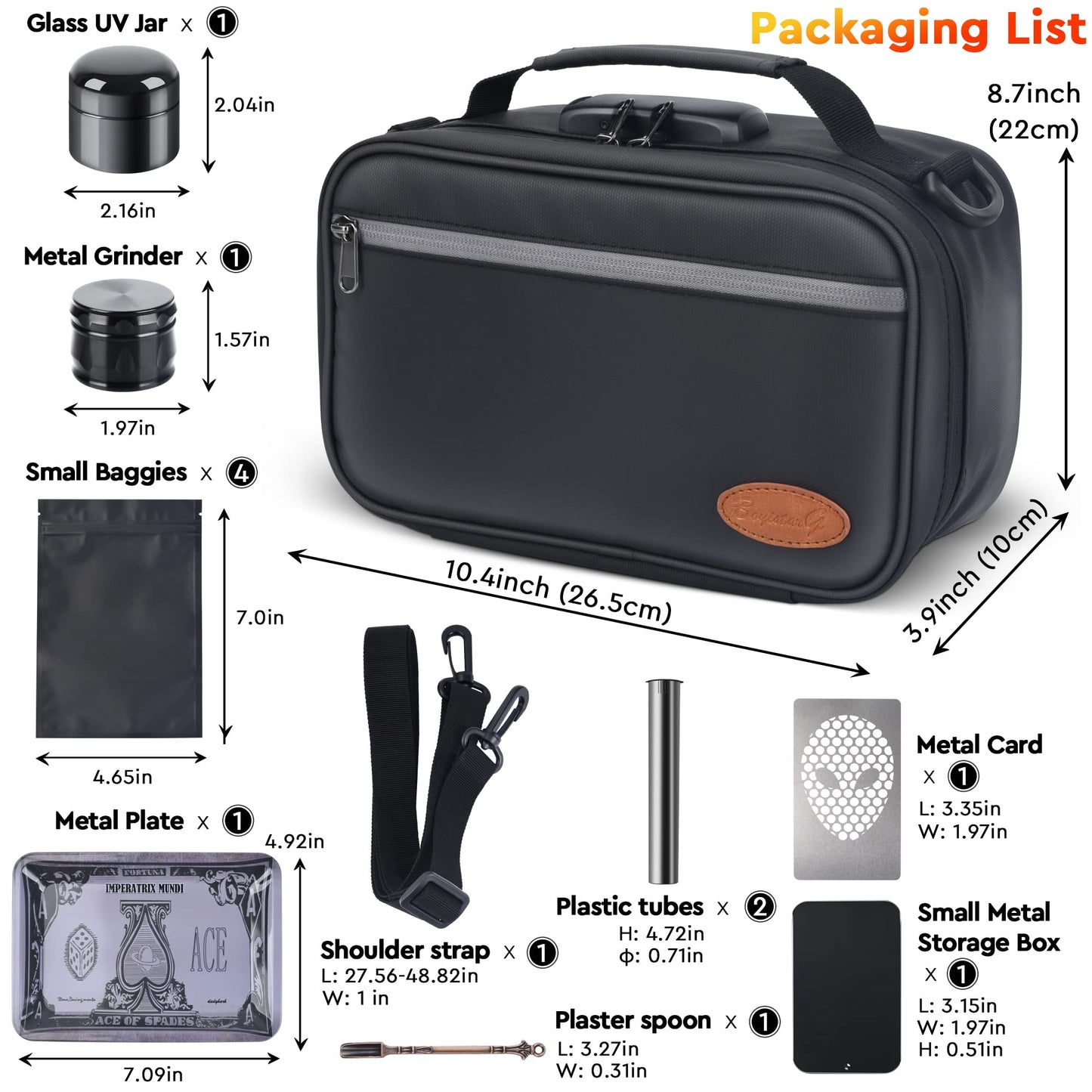 8pc Carbon Lined Pouches w/Accessories,Combo Lock Travel Case,Gift Black