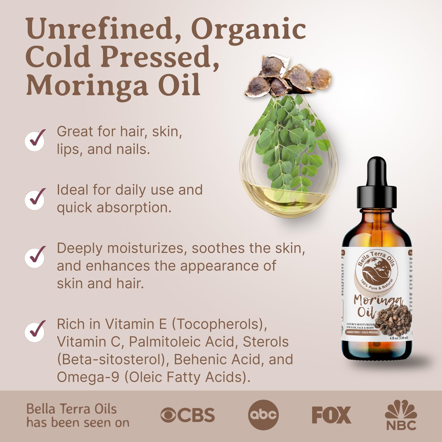 Bella Terra Oils - Natural Moringa Seed Oil 8 oz - A Symphony of Nutrients & Fatty Acids, Elevating Beauty Rituals with Natural Nourishment