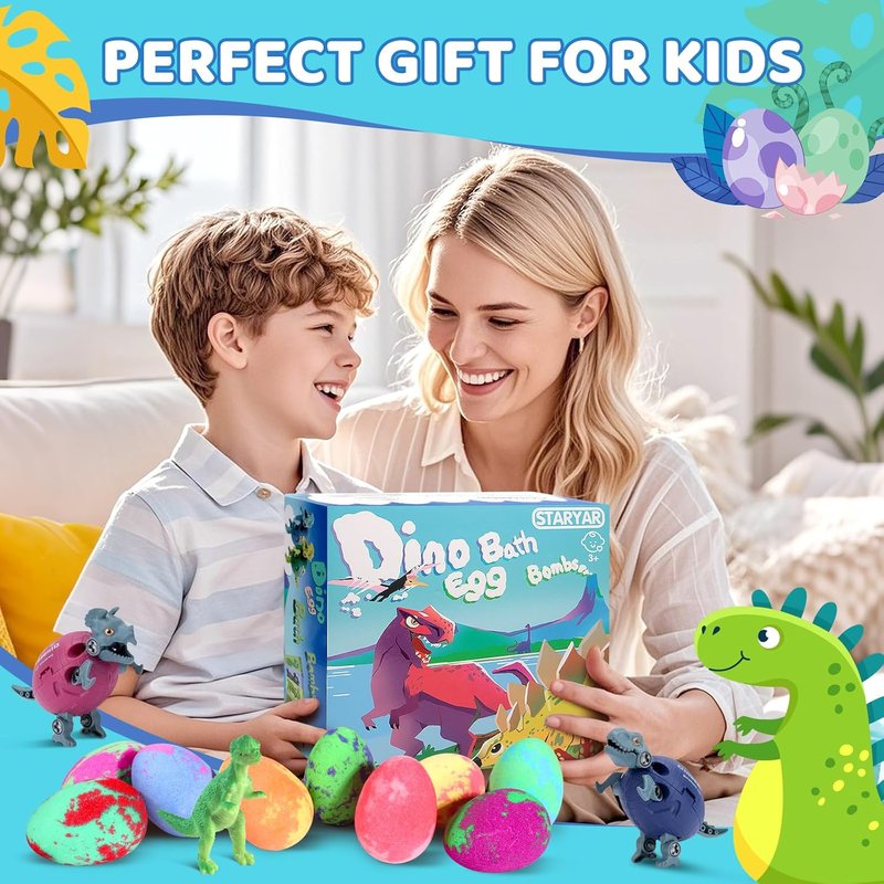 Dinosaur Bath Bombs for Kids - 16 Pack Organic Surprise Toys Gift Set | Fun Bubble Bath for Ages 3-9
