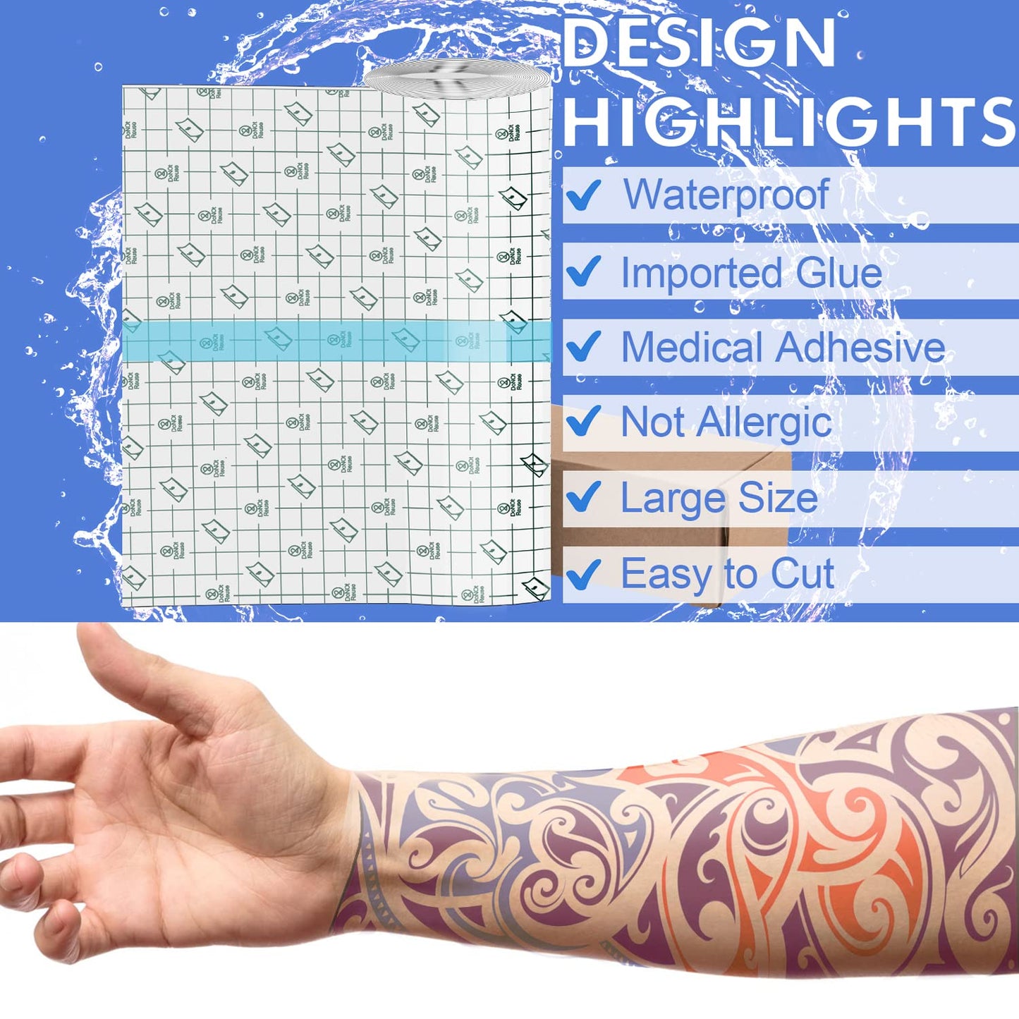 Tattoo Aftercare Waterproof Bandage (7.87 in x 10.9 Yd Roll) Second Skin Wound Healing Protective Skin Adhesive Bandages Transparent Dressing Bandages Tattoo Supplies