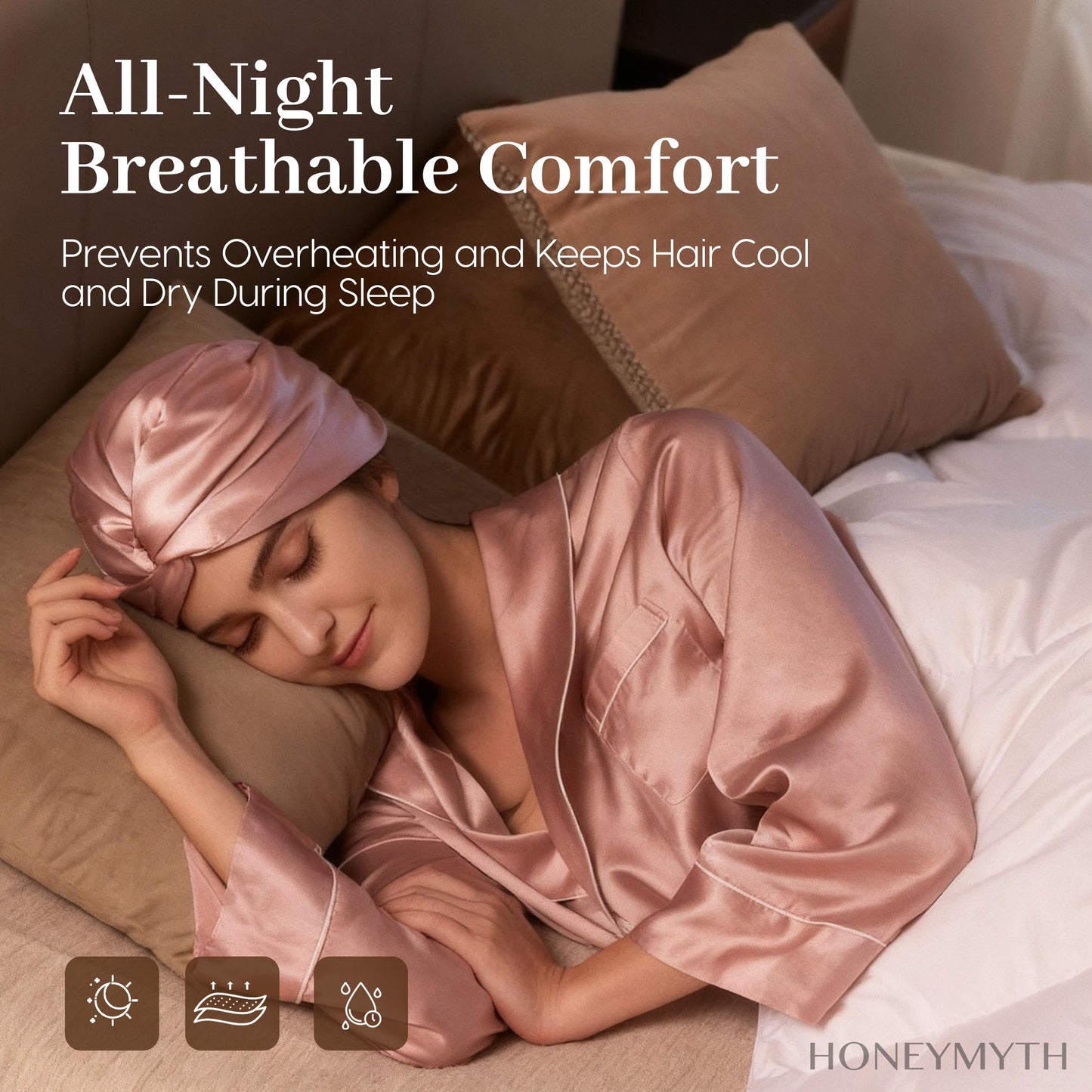 HONEYMYTH 100% Mulberry Silk Bonnet, 22 Momme Adjustable Double-Layer Hair Bonnet for Sleeping Women, Soft Sleep Cap for Curly Hair & Anti-Frizz Protection Pink