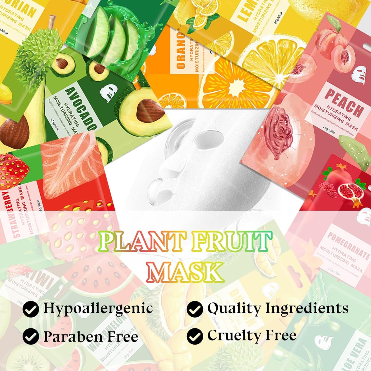 Hydrating Face Masks - 10PCS Moisturizing Fruit Sheet Masks for All Skin Types | Lightweight & Non-Greasy