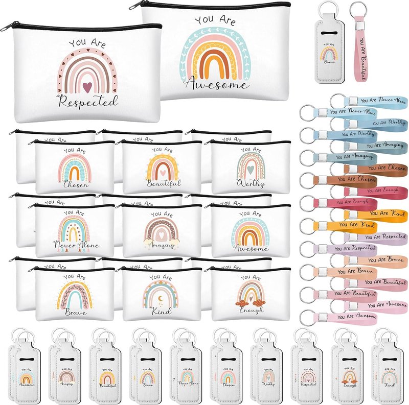 Rainbow Makeup Bag Set - 60 Pcs Inspirational Cosmetic Bags with Keychain | Perfect Gift for Women, Teachers, and Graduates
