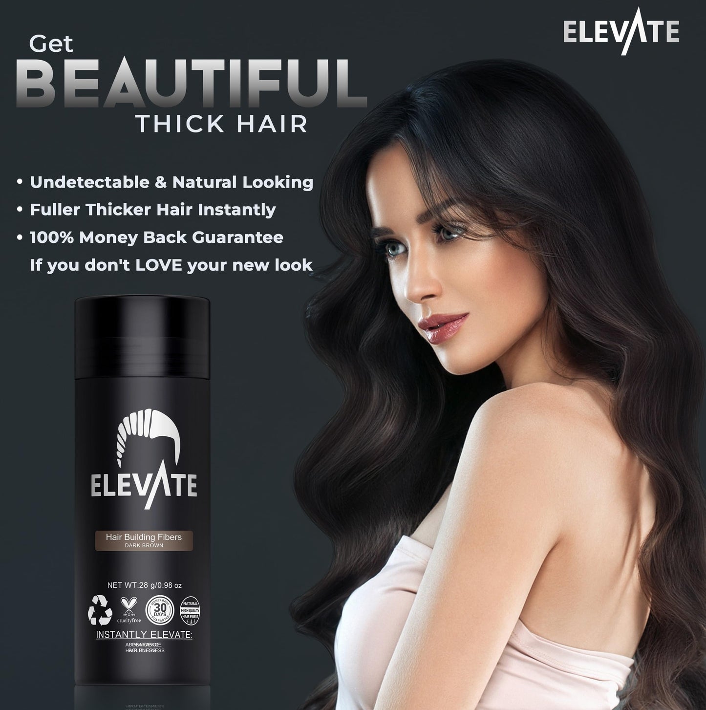 ELEVATE Hair Fibers to Instantly Thicken & Completely Conceal Thinning Balding Areas Loss in 30 Seconds for Men & Women (DARK BROWN) 28g Size - 100% Natural & Undetectable Keratin Fibers