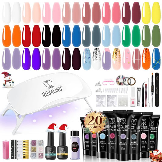 ROSALIND 20 Colors Poly Nail Gel Kit with Mini Nail Lamp Glitter Christmas Poly Nail Gel Kit Collection with Tools Clear All Seasons Classic Colors Halloween Starter Kit