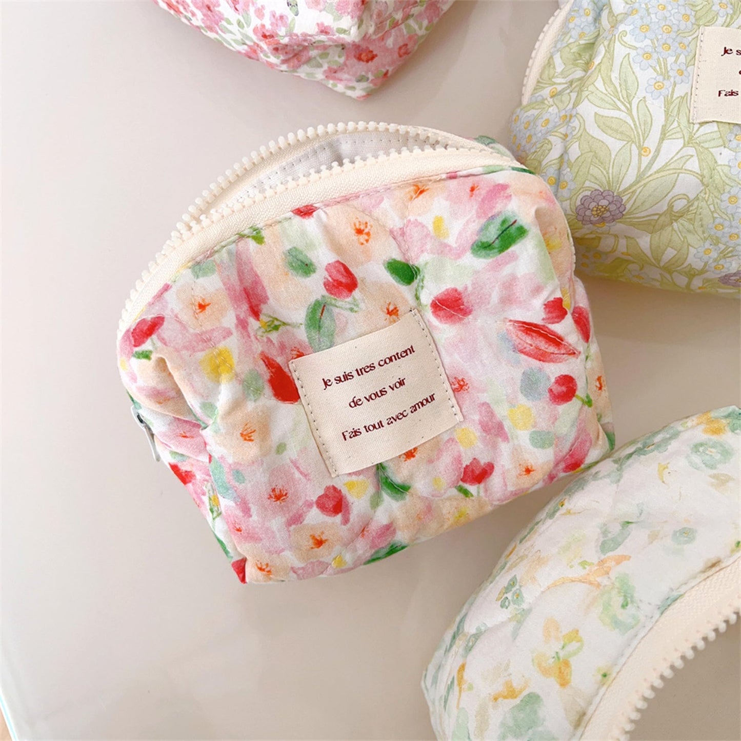 Sminra 2 Pcs Floral Makeup Bag Large Travel Cotton Quilted Cosmetic Makeup Bag Organizer, Cute Coquette Aesthetic Zipper Portable Pouch Purse Storage Toiletry Bag for Women Girls accessories