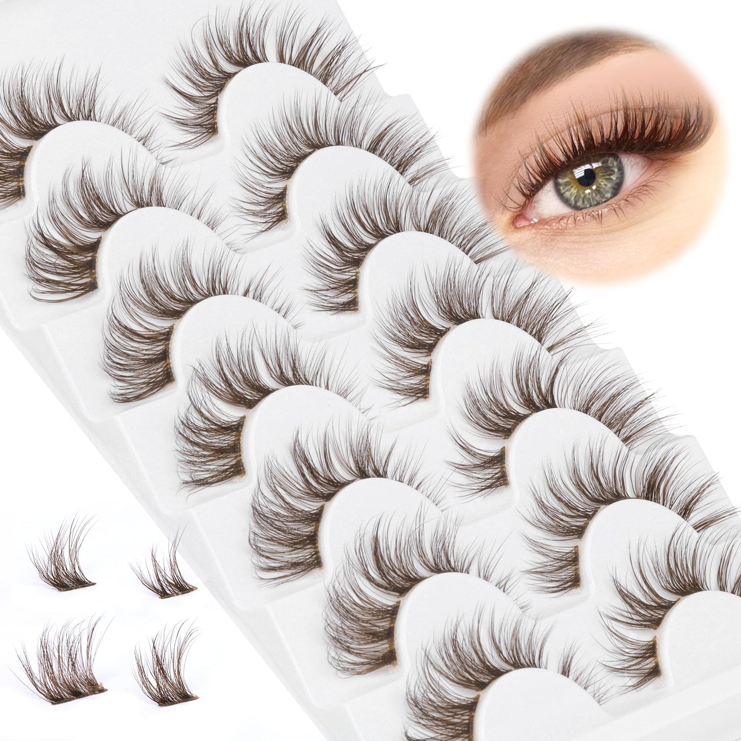 GVEFETIEE 7 Pairs Mink DIY Individual Fluffy Wispy Lashes - Brown Natural Look False Eyelashes Extensions
