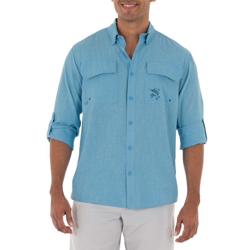 Guy Harvey Men's Long Sleeve Performance Fishing Shirt, Powder Blue, Large