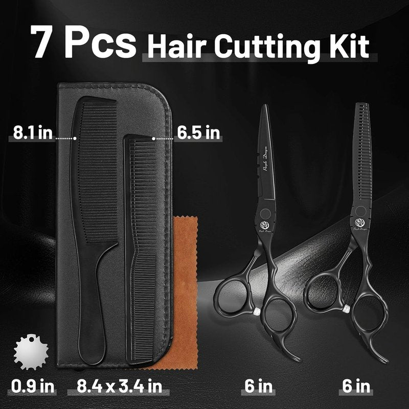 Purple Dragon Hair Cutting Shears Set - Professional 440C Barber Thinning Scissors | Black, 6 Inch