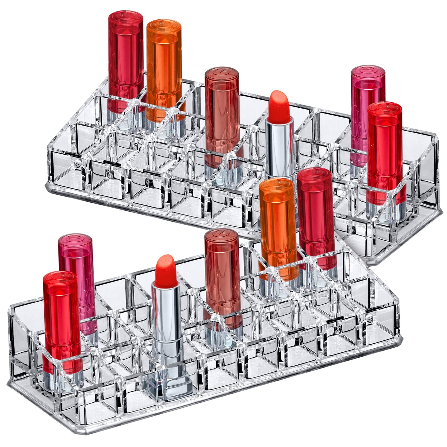 Amazing Abby - Glamour - 2-Pack 24-Slot Acrylic Lipstick Organizer, Lipstick Holder, Lip Gloss Holder, Cosmetic Storage Display, Perfect Storage Solution for Drawer and Vanity (Slot Size: 0.9" x 0.9")