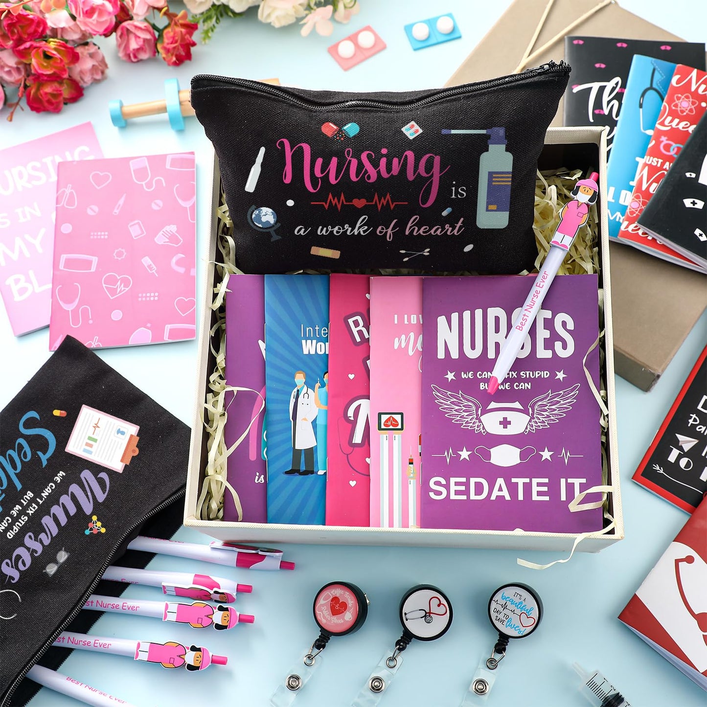 Yeaqee 48 Pcs Nurse Gifts Bulk, Include Makeup Bags Pocket Notebooks Ballpoint Pens Badge Reels, Nursing Gifts for Women RN CNA Medical Assistant Hospital Staff(Black,Nursing)
