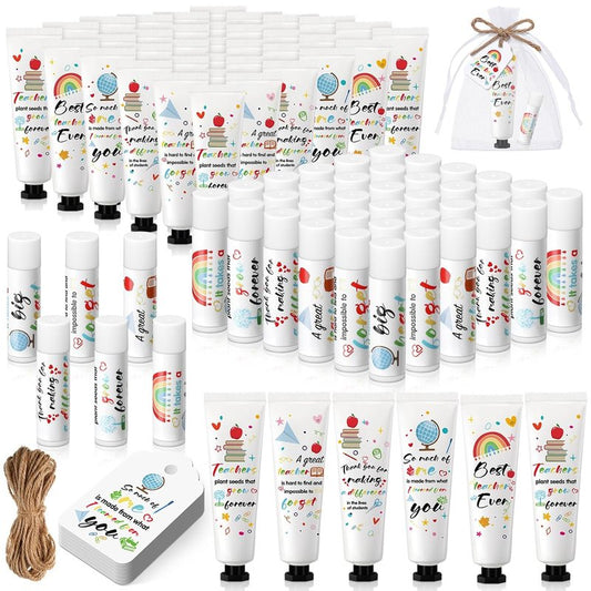 Teacher Appreciation Gifts - 48 Set Lip Balm & Hand Cream with Cards | Travel Size Moisturizing Lotion