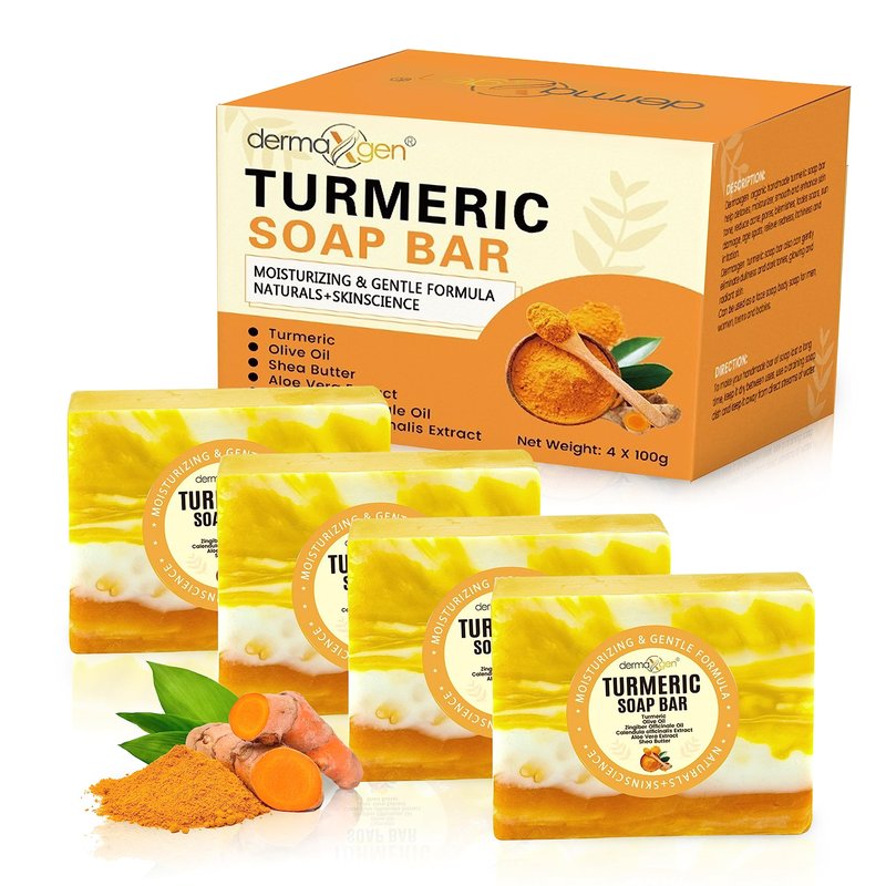 DERMAXGEN Organic Turmeric Soap Bar for Face & Body – Pure Turmeric Soap Bar for Acne, Scars, Uneven Tone, Blemish Control, Sun Damage & Age Spots – Handcrafted Skincare (Pack of 4)