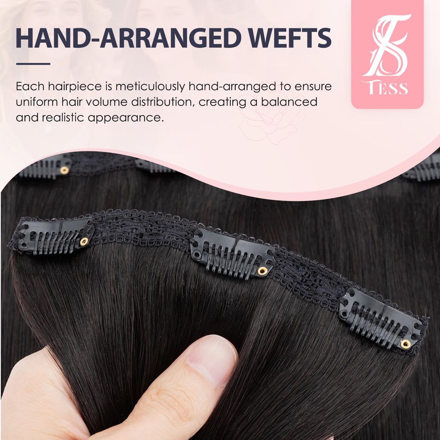 TESS 3 PCS Hair Extensions Clip ins Real Human Hair Straight Hair Extension for Women Soft Lace Wefts Invisible Clip in 16 Inches Natural Black