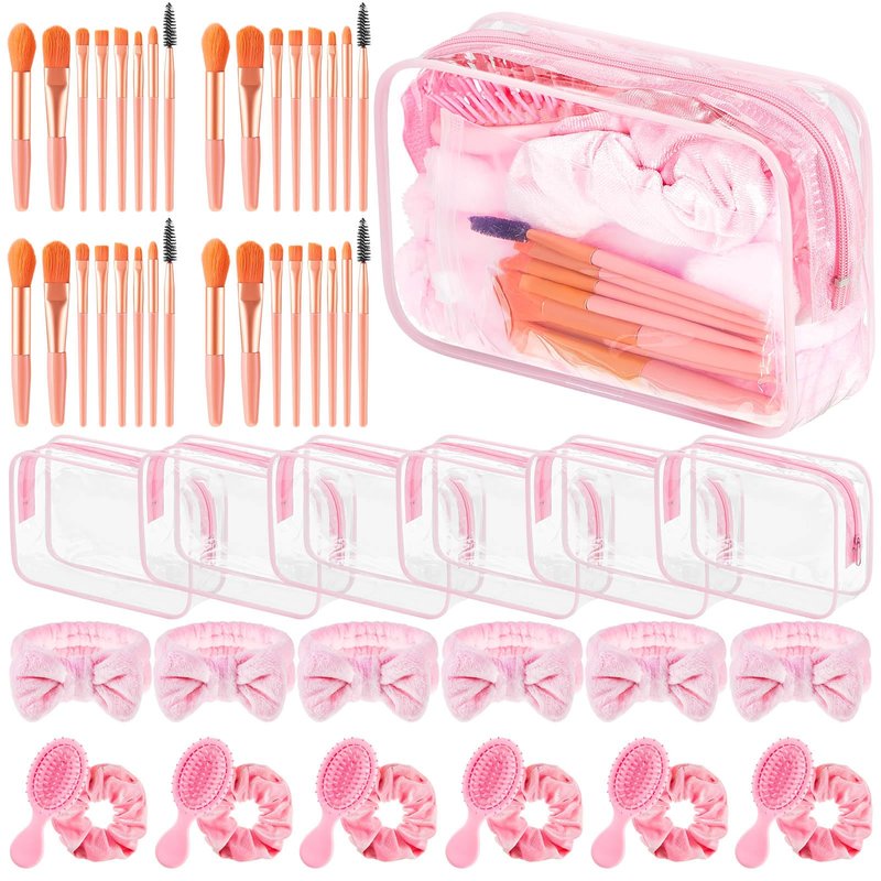 Daifunli 6 Set Pink Spa Party Favors for Women Travel Makeup Brush Bag Mini Hair Brushes Headband Scrunchies for Sleepover Bachelorette Wedding Bridal Shower Party Supplies Bridesmaid Gifts
